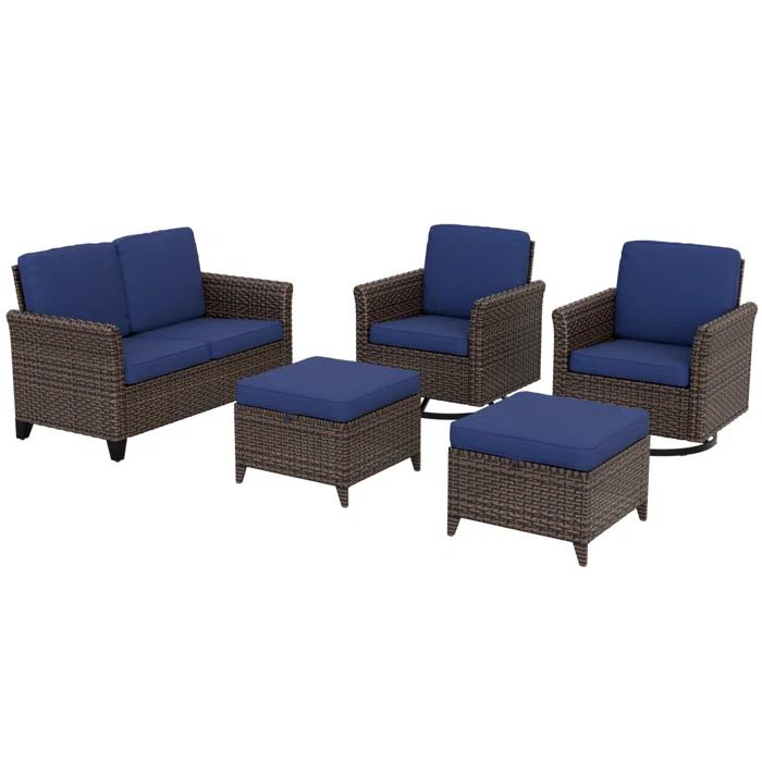 EAGLE PEAK 5-Piece Spacious Seating Swivel Chair Seating Group Patio Multi-brown Wicker Rattan Loveseat Sofa Set with Cushions