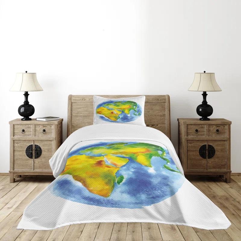 Ambesonne Ambesonne Earth Bedspread Set Globe of Earth Watercolors Pale Blue Green Yellow