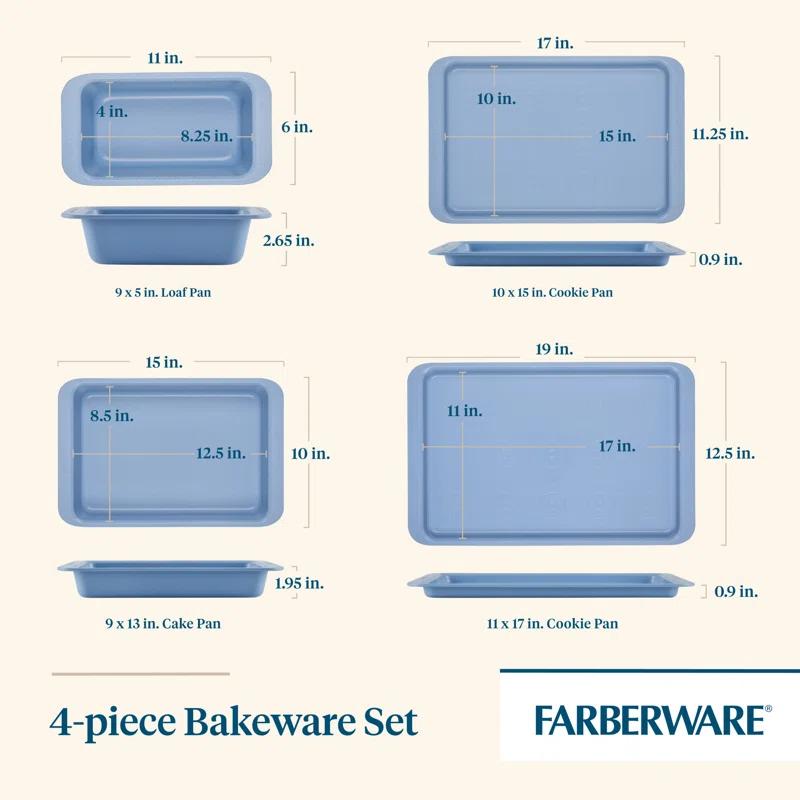 Farberware Easy Solutions Nonstick Bakeware Set, Two Cookie  Pans, Loaf Pan / Bread Pan, Cake Baking Pan, 4 Piece, Blue