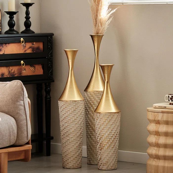 Everly Quinn Medhansh Metal Floor Vase (Set Of 3), Tall Large Flower Vase With Tapered Opening & Lattice Weave Texture, Antique Gold Finish