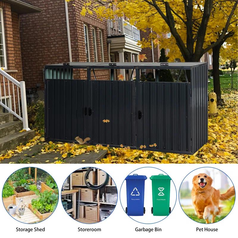HLILish Garbage Bin Shed Stores 3 Trash Cans Metal Outdoor Bin Shed For Garbage Storage,Stainless Galvanized Steel, Bin Shed For Garden Yard Lawn