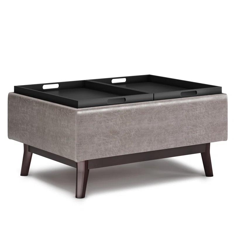 Simpli Home Owen 34"W Small Upholstered Coffee Table Storage Ottoman with Flip-Over Tray Top and Solid Wood Legs