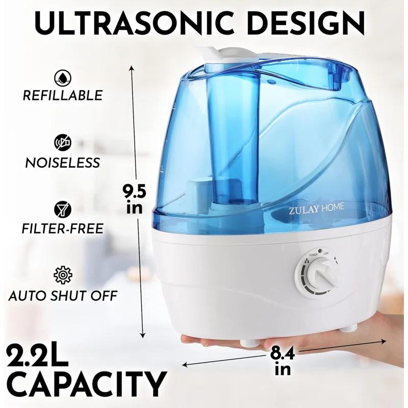 Zulay Kitchen Zulay Home Cool Mist Humidifiers For Bedroom (2.2L Water Tank) - Quiet Ultrasonic Humidifiers For Large Room With Auto Shutoff Feature - Air Humidifier For Plants, Nursery, Kids Room (Gray)