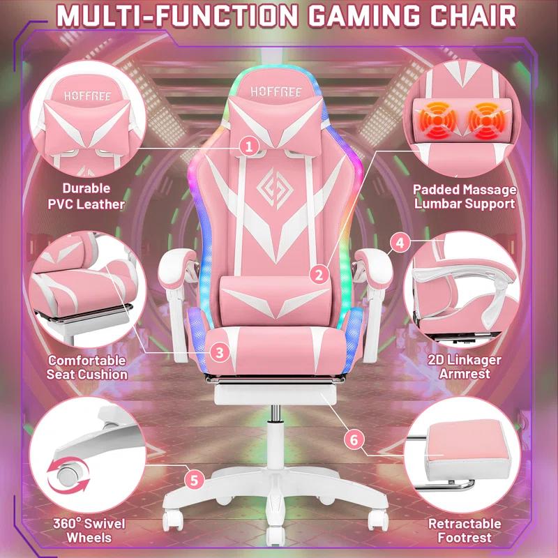 Hoffree Hoffree Massage Ergonomic Gaming Chair with Bluetooth Speakers and RGB LED Lights