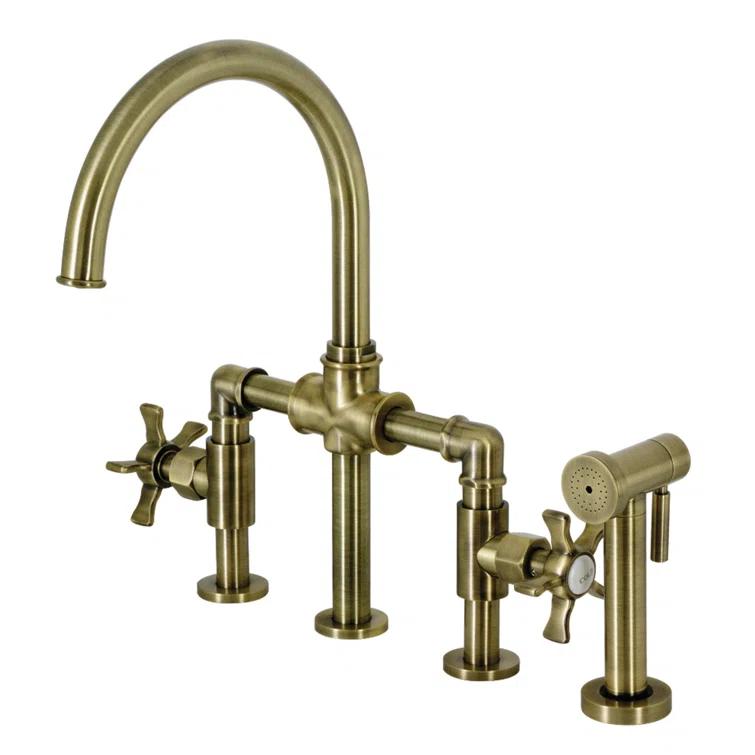 Kingston Brass Kingston Brass Two-Handle 4-Hole Deck Mount Industrial Style Bridge Kitchen Faucet with Brass Side Sprayer KS2333RX