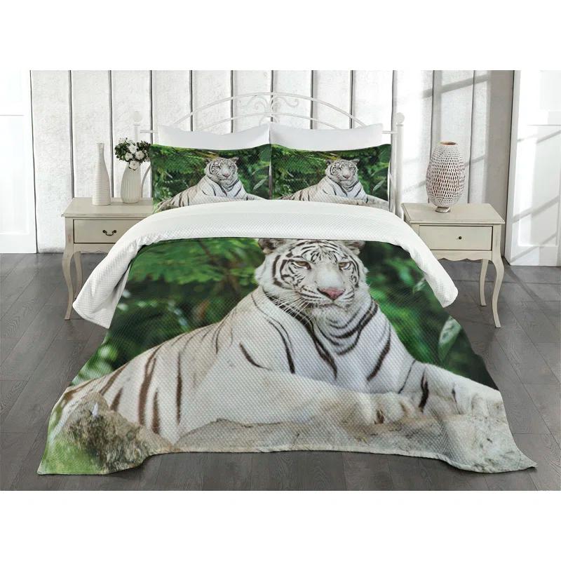 Ambesonne Ambesonne Tiger Bedspread Set Albino Bengal Cat on Rock Fern Green White
