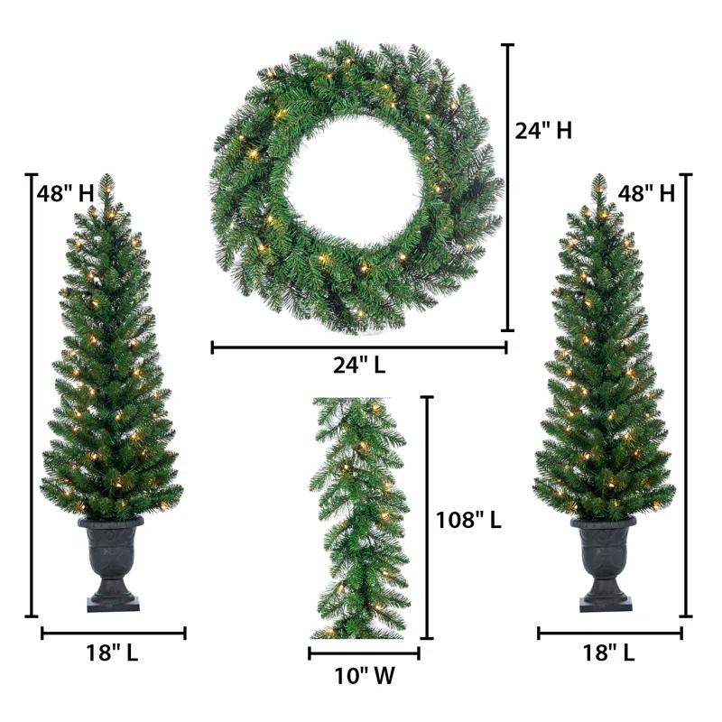 Complete 4 Piece Vancouver Pine Holiday Decor Set With Warm White LED Lights