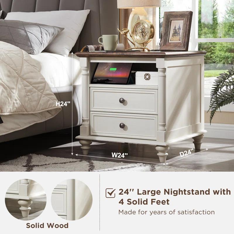 OKD Rushville Farmhouse 2 - Drawers Nightstand with Charging Station, Tall Rustic Wood Square End Table with Open Shelf