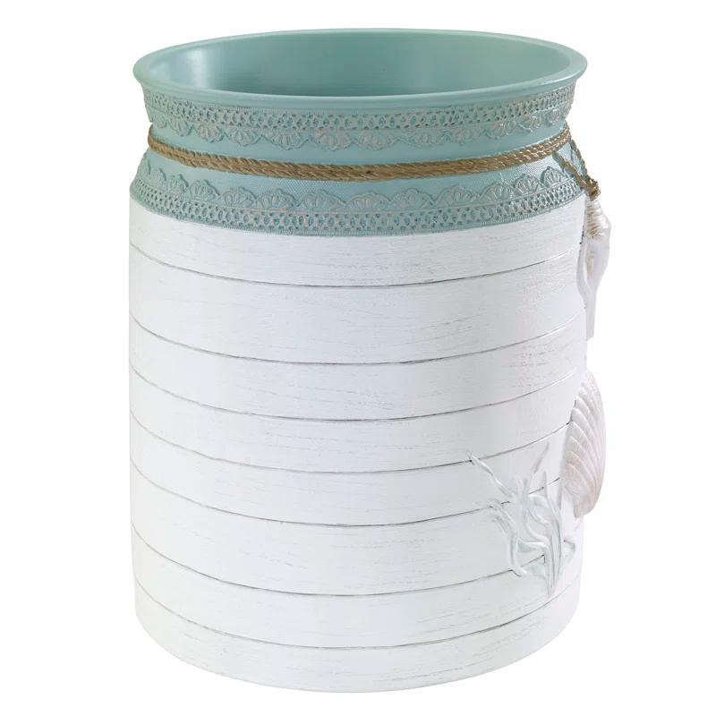 Nautical Blue and White Resin Wastebasket with Shell Design