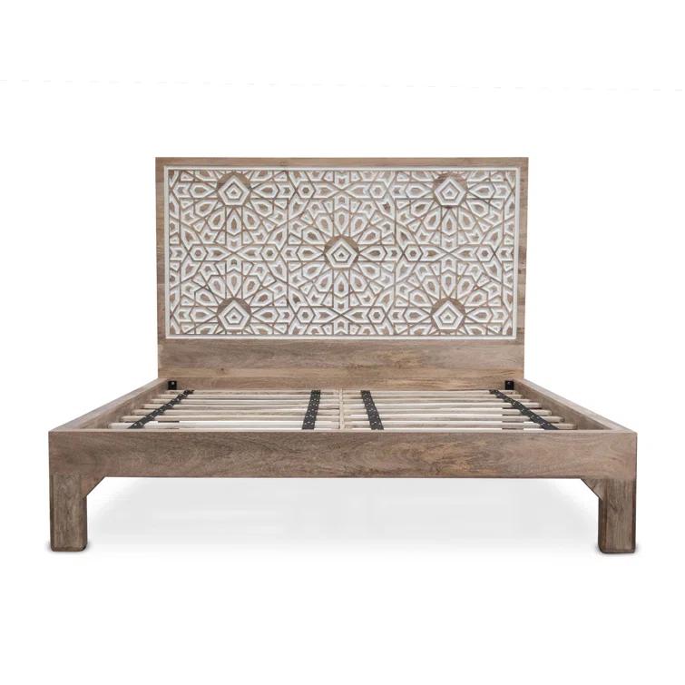 Natural White Mango Wood Queen Bed with Carved Headboard
