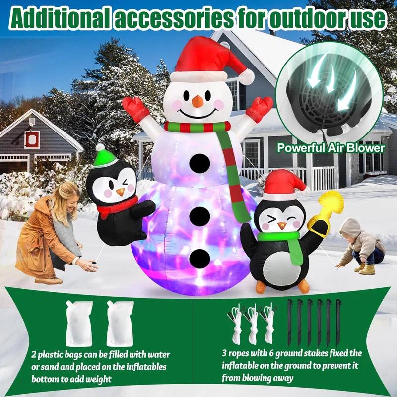 6 FT Christmas Inflatables Snowman With Penguins Built-In Rotating Colorful LED Lights Christmas Inflatable Outdoor Decoration, Christmas Blow Ups For Yard Garden Lawn Xmas Holiday Decor