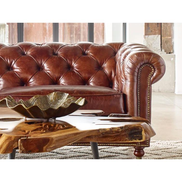 Idalia 87" Genuine Leather Rolled Arm Chesterfield Sofa with Reversible Cushions
