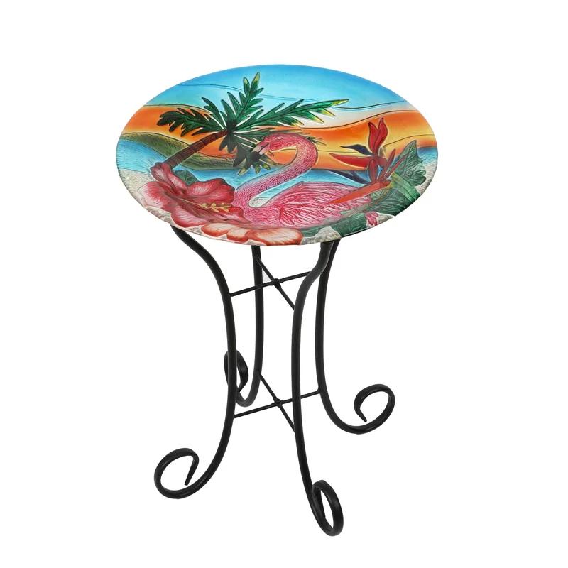 Flamingo Sunset Glass Bird Bath with Metal Stand