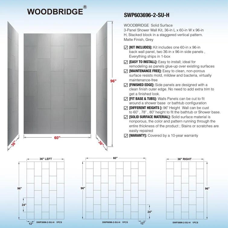 WoodBridge 75/96" H Solid Surface Shower & Tub Wall Panel, Surround, Quick Install, Cuttable, 0.138" thick