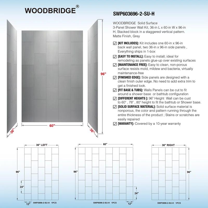 WoodBridge 75/96" H Solid Surface Shower & Tub Wall Panel, Surround, Quick Install, Cuttable, 0.138" thick