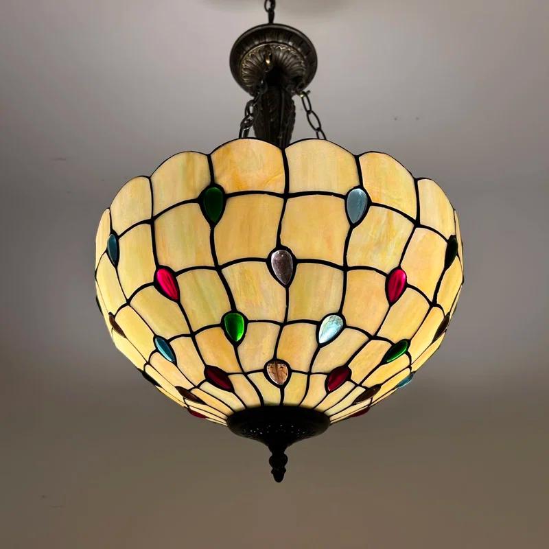 Fleur De Lis Living Spinks Tiffany Pendant Lights Gold Stained Glass Crystal Beans LED Bulbs Included 16"W*16"D*60"H