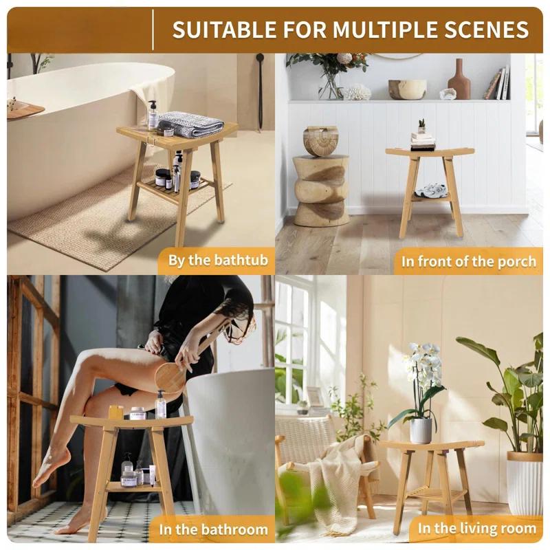 Red Barrel Studio® Bamboo Shower Bench Stool, Shower Chair For Inside Shower With 2-Tier Storage Shelf, Waterproof Shower Seat For Shaving Legs, Spa Bathroom Shower Bench