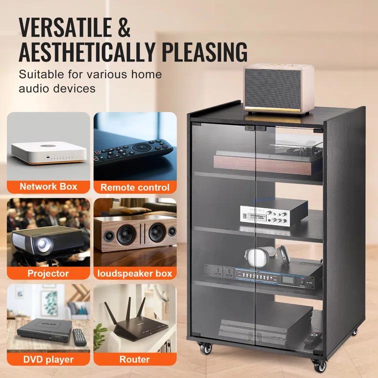 VEVOR 5-Tier AV Media Stand with Wheels, Wooden Audio-Video Media Stand for DVD Players/Cable Boxes/Games Consoles