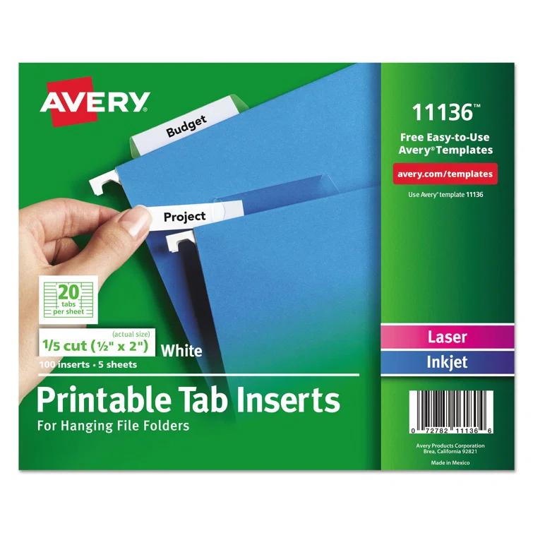 Avery Consumer Products Avery® Laser/Ink Jet Inserts For Hanging File Fold Paper Hanging Files Cabinet