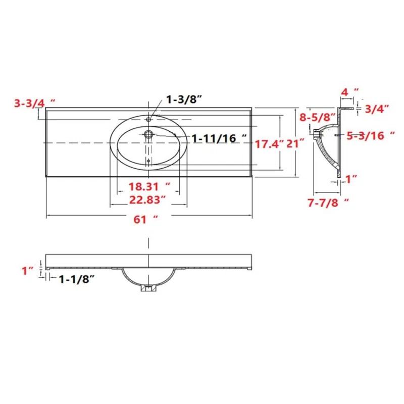 61 Inch Cultured Marble Vanity Top with Backsplash, Improved Package, White