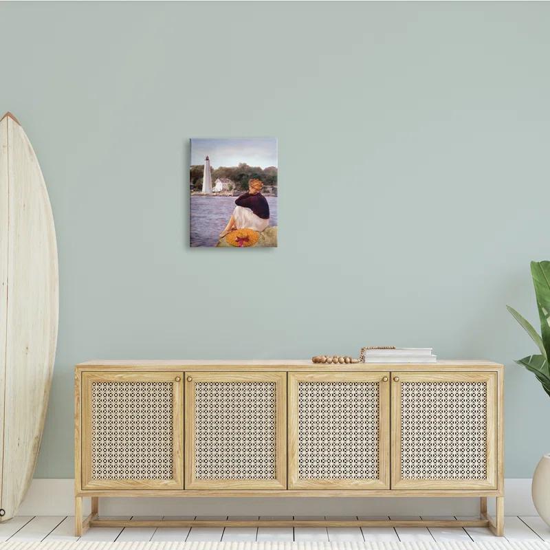 Stupell Industries " Woman At Shoreline Coast Lighthouse Realistic Nautical " Painting Print