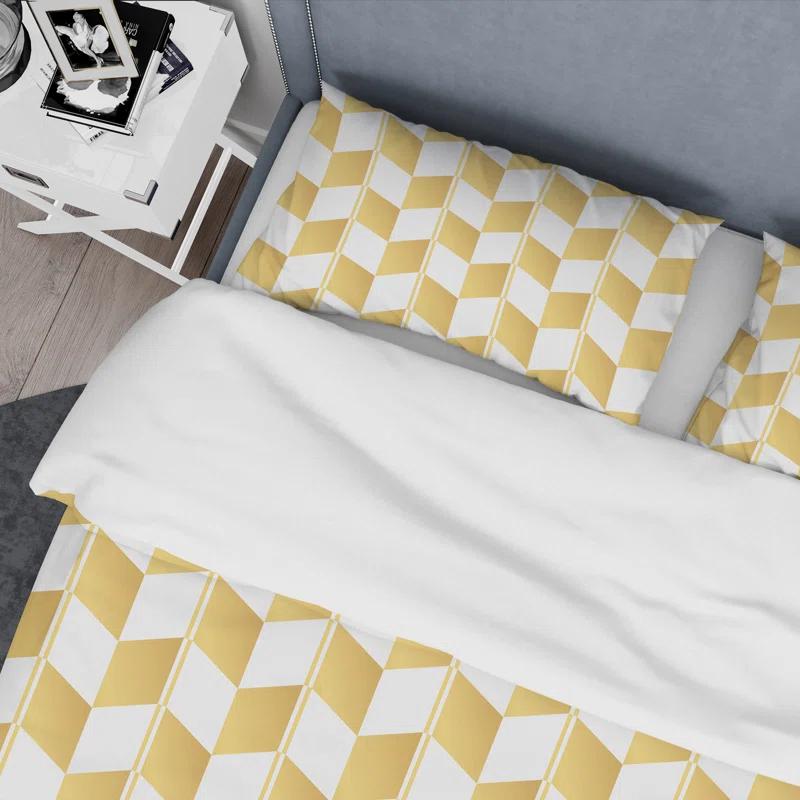 Design Art Gold And White Geometric Pattern I - Glam Abstract Duvet Cover Set - Microfiber Polyester