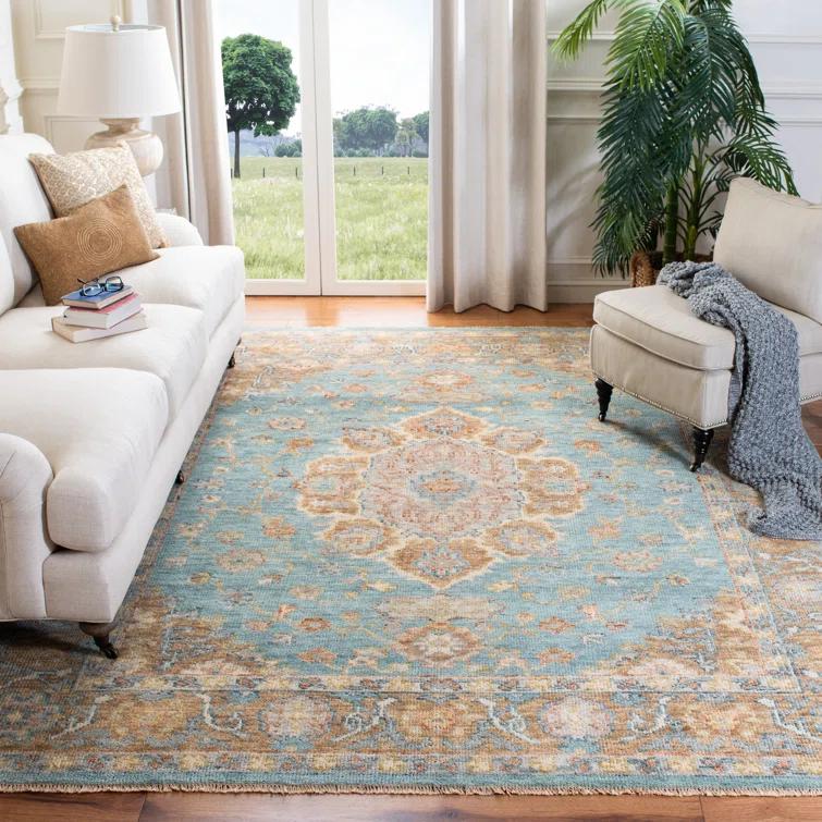 Hand-Knotted Gold and Blue Wool Oriental 8' x 10' Area Rug