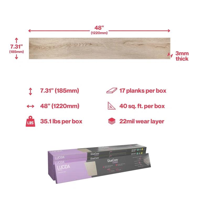 Lucida USA GlueCore Classic 22mil x 7.3" W x 48" L Glue Down Vinyl Tile Flooring