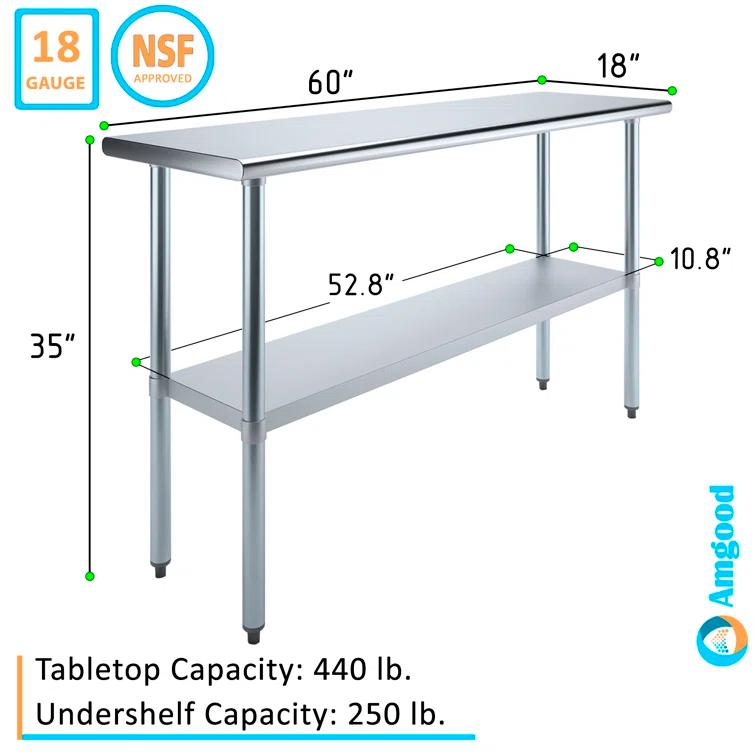 Amgood Stainless Steel Work Table with Undershelf. Metal Prep Table. NSF - Certified