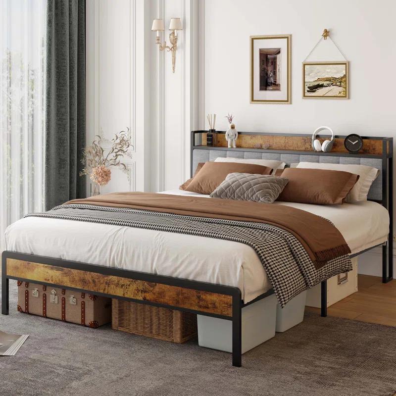 17 Stories Kewarra Platform, Metal Bed Frame with Storage Headboard, Sturdy and Stable
