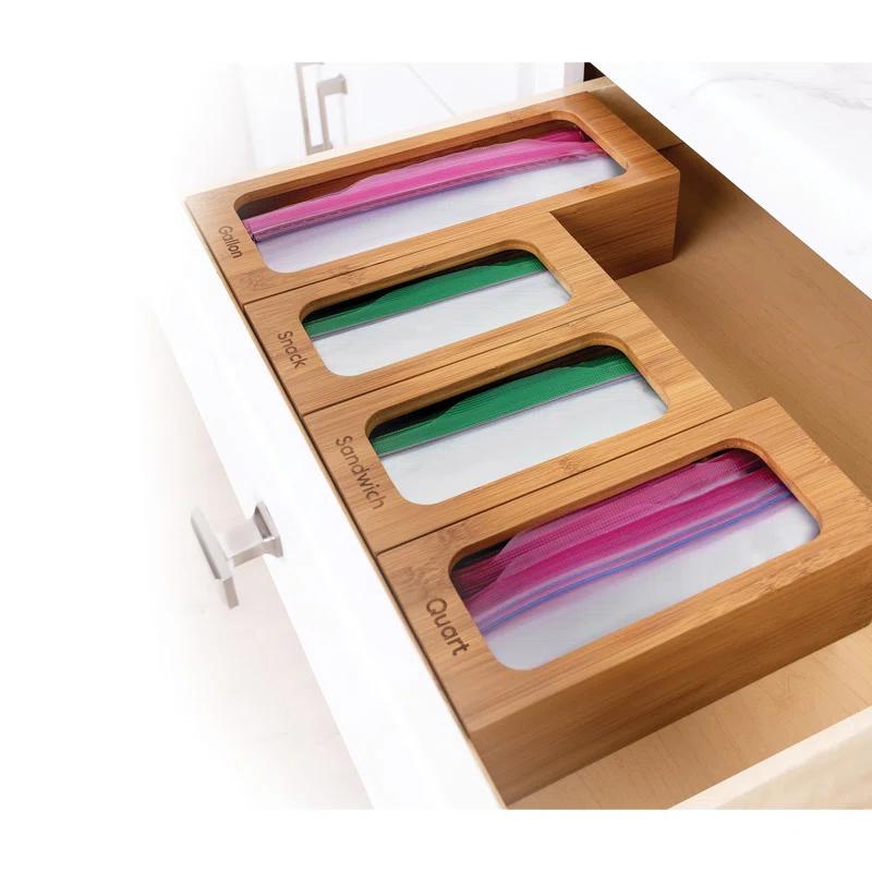Seville Classics Bamboo Ziplock Food Storage Bag Dispenser (Set of 4)