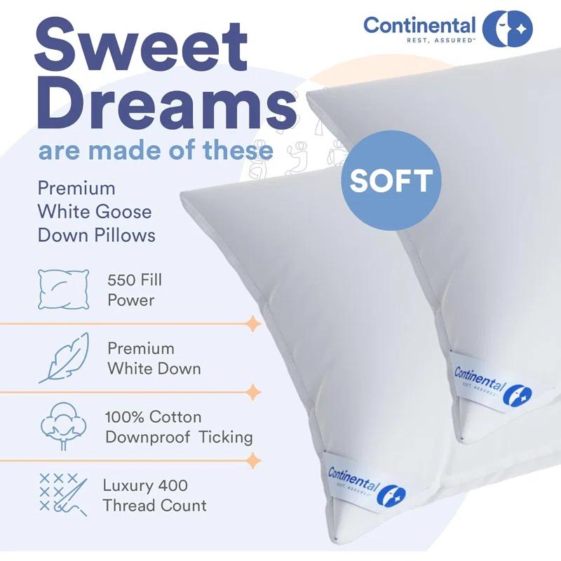 ContinentalBedding Continental Bedding Soft Luxury Down Pillows, Breathable Bed Pillows (Pack of 1)