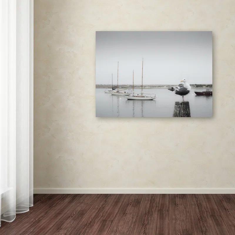 Trademark Fine Art "Four Boats and Seagull" by Moises Levy Photographic Print on Wrapped Canvas