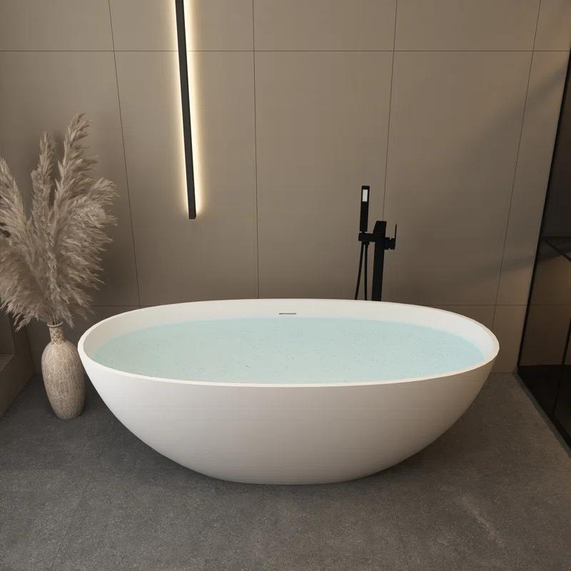 TCYO 65 in. x 30 in. Solid Surface Freestanding Soaking Bathtub with Center Drain in Matte White TYMYBT11-65MW