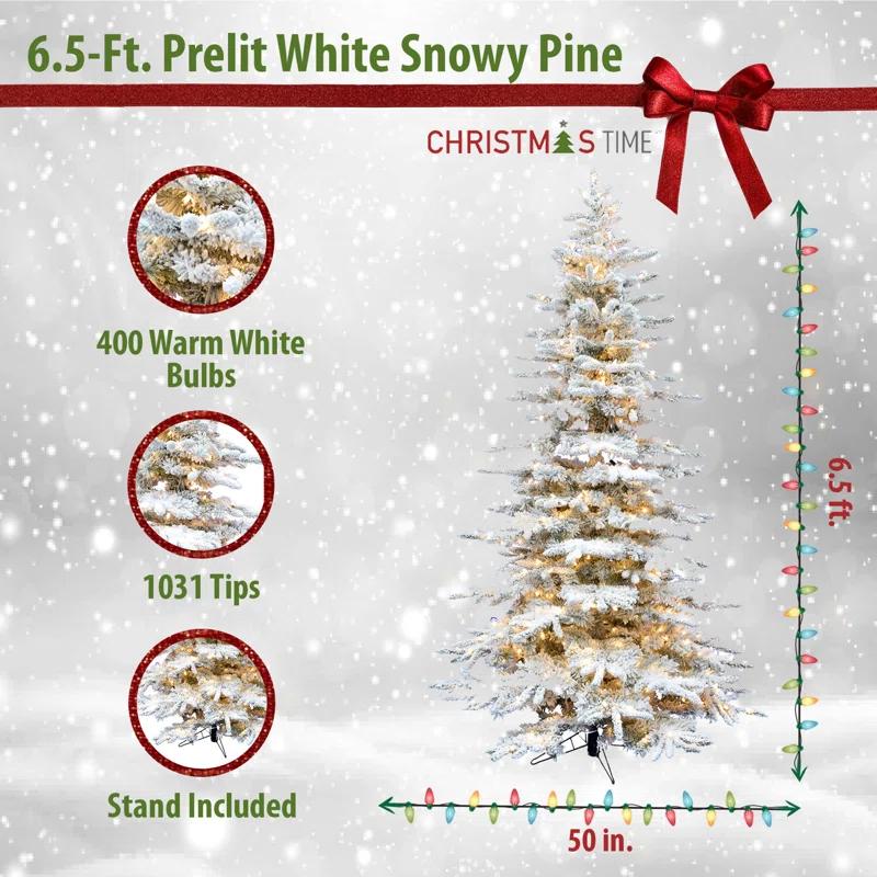 Christmas Time Christmas Time 6.5-Ft. Pre-Lit Snowy White Pine Artificial Christmas Tree with Clear LED Lights