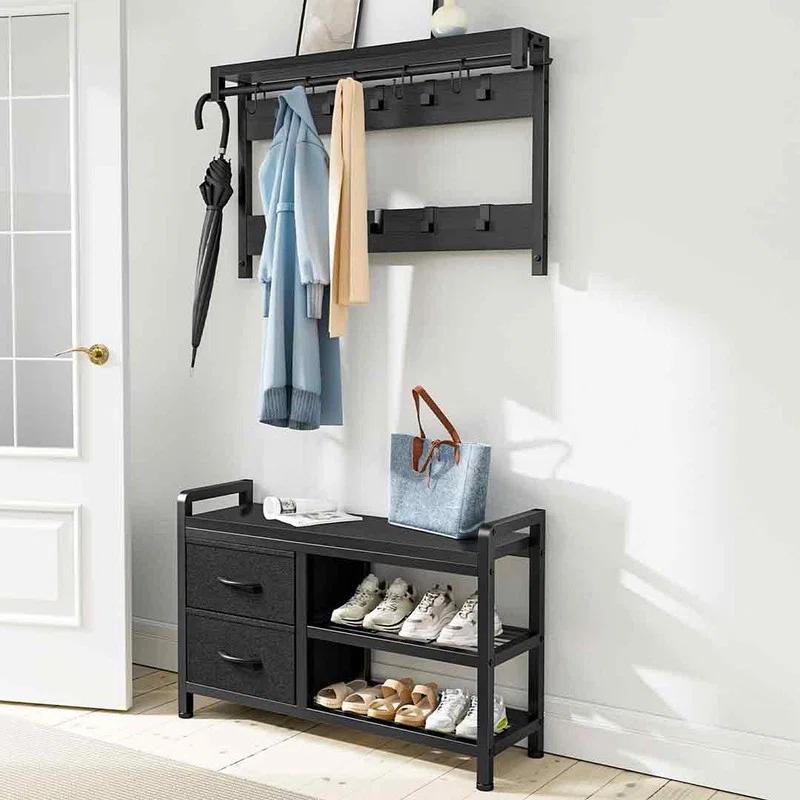 Hall Tree, 31” Entryway Bench with Coat Rack freestanding, 5 in 1 Intelligent Design Shoe Bench