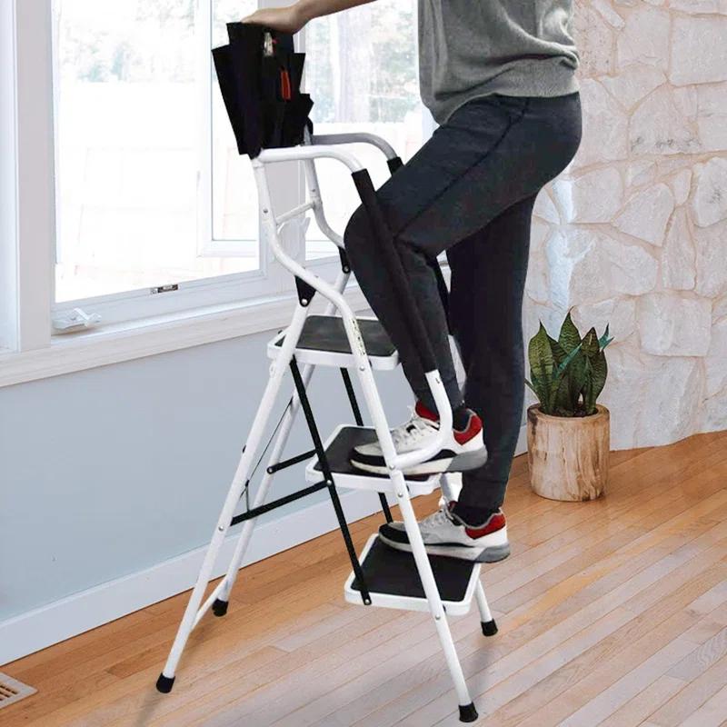 WFX Utility™ 3-Step Ladder With Handrails - 500 Lb Capacity Folding Stepladder With Wide Non-Slip Pedals, Safety Rails, And Tool Bag