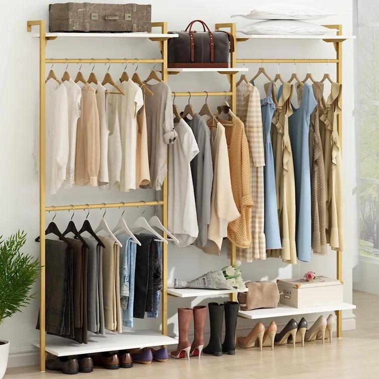 Rebrilliant Oloran Gold Wall Mount Clothes Rack with 4 Hanging Rods, Clothing Rack with 6-Tier Adjustable Shelves