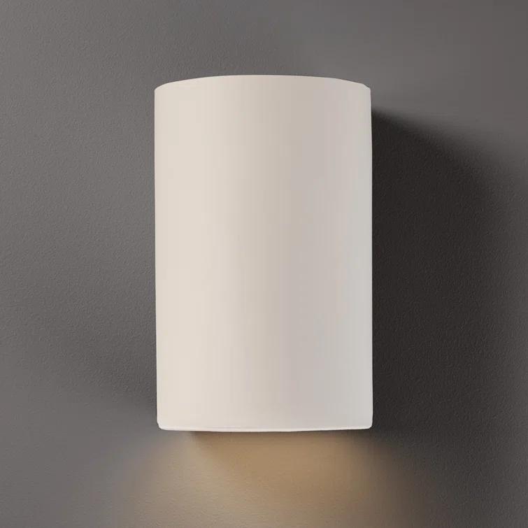 Solar-Powered White Ceramic Cylinder Outdoor Sconce, Dimmable 12.5"