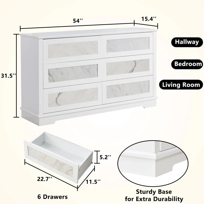 Alarriah 54" Natural Marble Highgloss 6 Drawer Dresser
