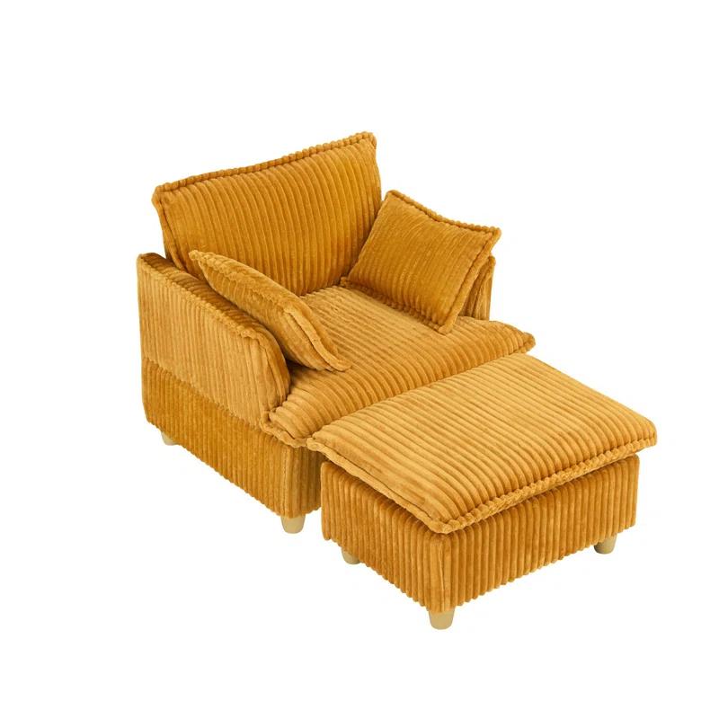 Everly Quinn This single-seat corduroy sofa comes with an ottoman and throw pillows