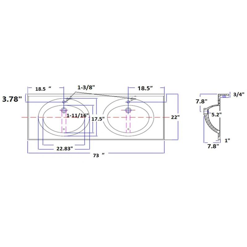 73 Inch Cultured Marble Vanity Top Two Sinks with Backsplash, White