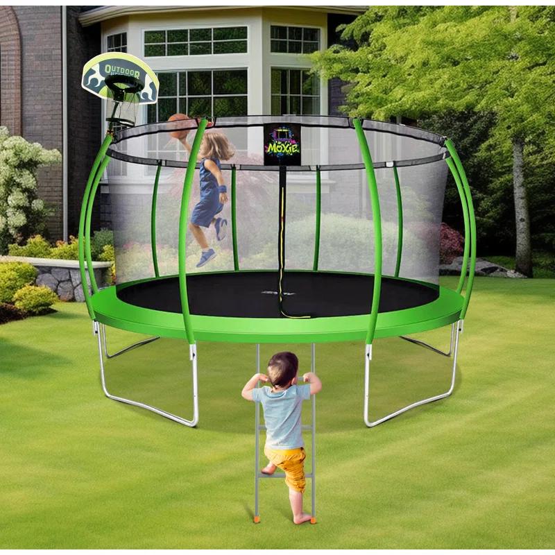 Moxie 15 FT Outdoor Trampoline Set w/ Safety Enclosure, includes Basketball Hoop with Ball & Pump & Ladder
