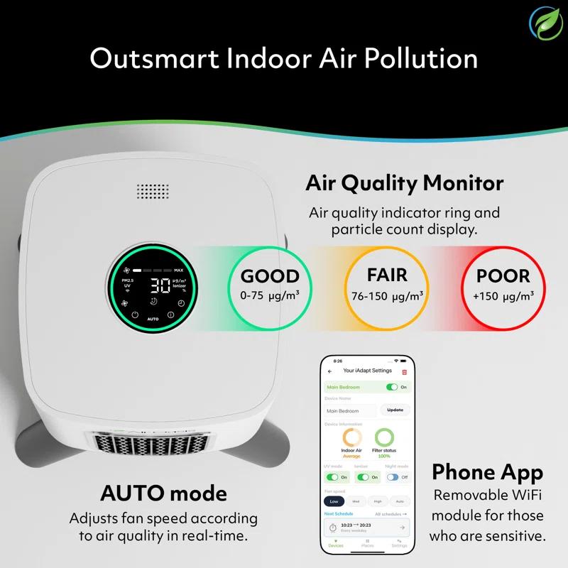 Air Oasis iAdaptAir 2.0 Large 5-Stage True HEPA Filtration for Viruses, Mold, Dust, Smoke, Pollen & Odors with 2 year Filter Life, Ozone Free Bi-Polar Technology, WiFi Compatible, and up to, 3,975 Sq Ft of Clean Air.