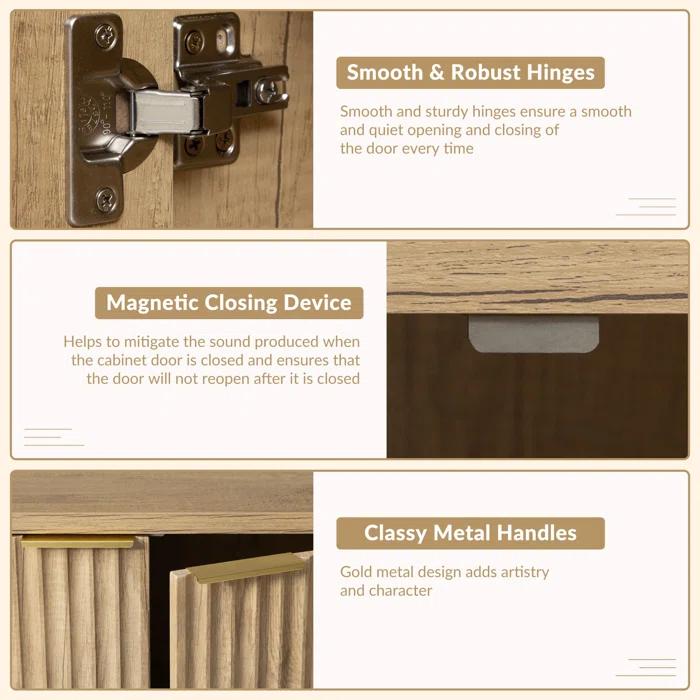 Ebern Designs Fluted Buffet Sideboard Cabinet with Storage, Modern Wave Fluted Buffet Credenza with Adjustable Shelves, 4 Door Accent Bar Cabinets Console Table