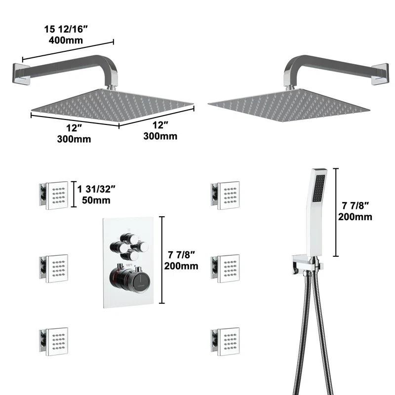 CASAINC CS6228-12CH Dual Shower Head Thermostatic Rainfall Shower System with Rough in-Valve and Shower Body Spray