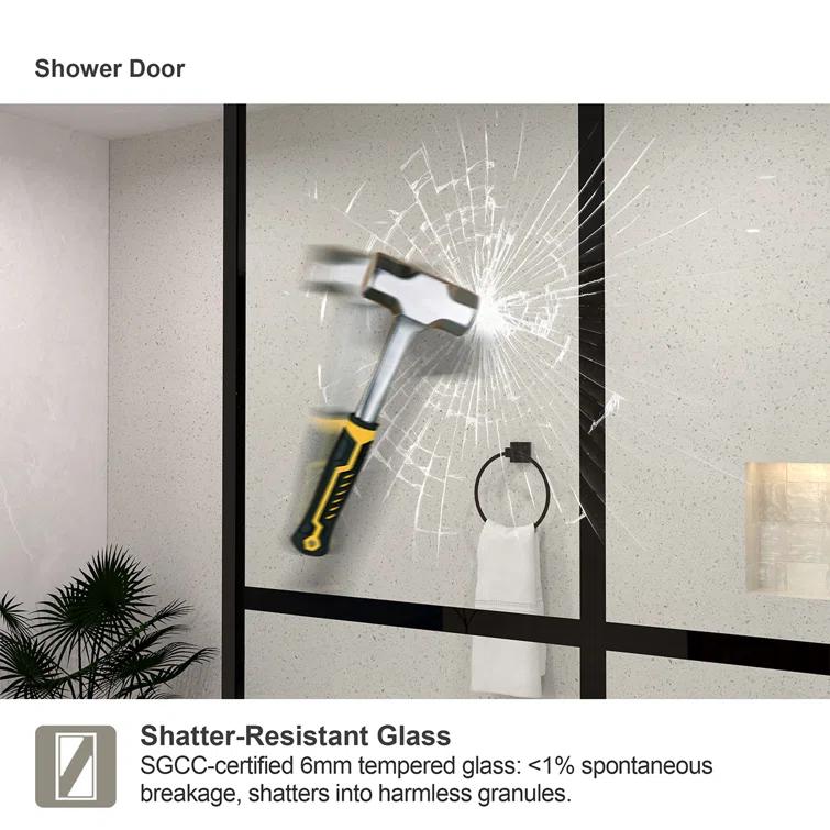 Hermitage Bath Hilma 34 In. W X 72 In. H Fixed Framed Shower Door In Matte Black Finish With Patterned Glass 1010A-HBMB