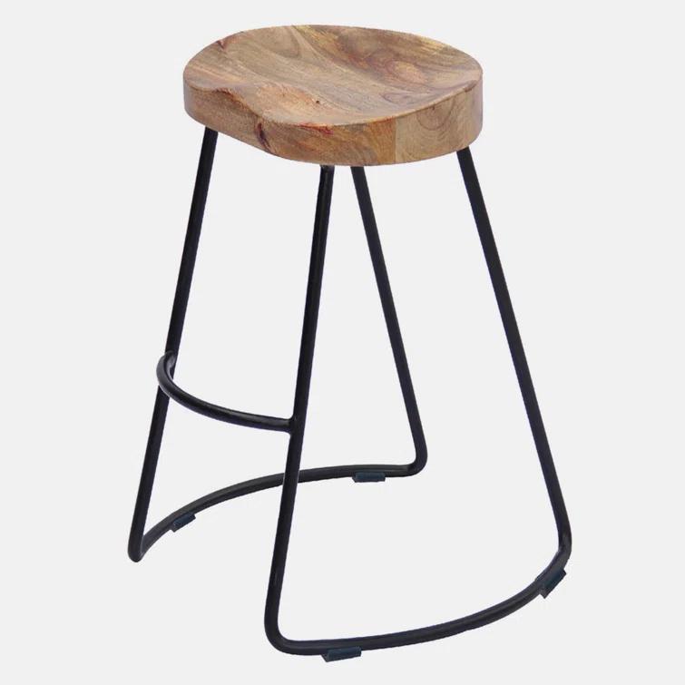 The Urban Port 24 Inch Mango Wood Industrial Counter Height Stool, Saddle Seat, Iron, Set of 2, Brown, Black