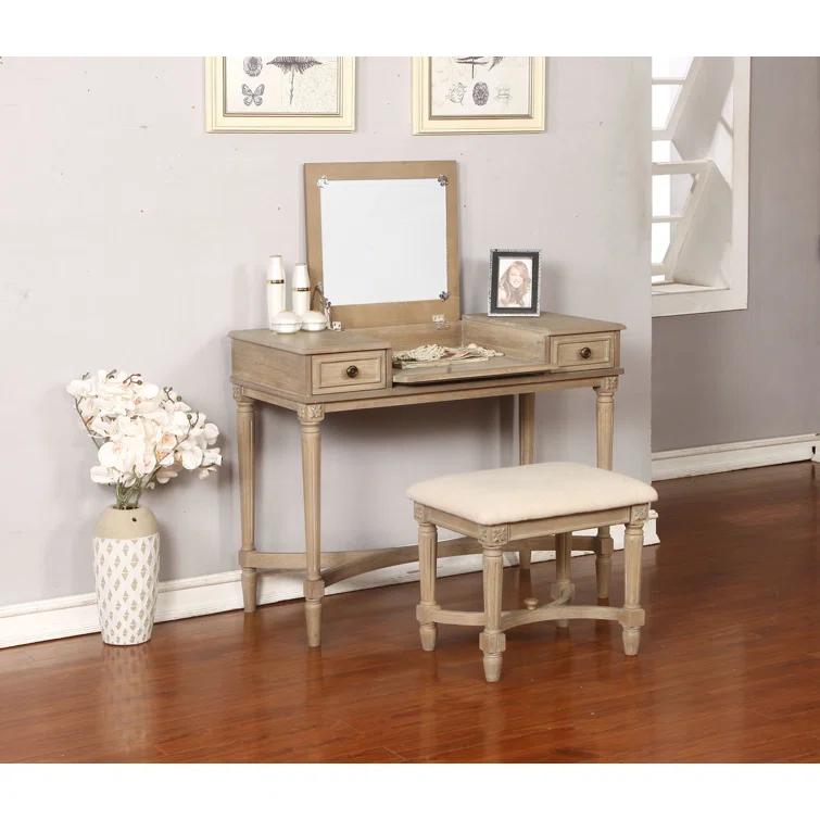 Kelly Clarkson Home June Natural Two Drawer Flip Top Vanity Set with Stool