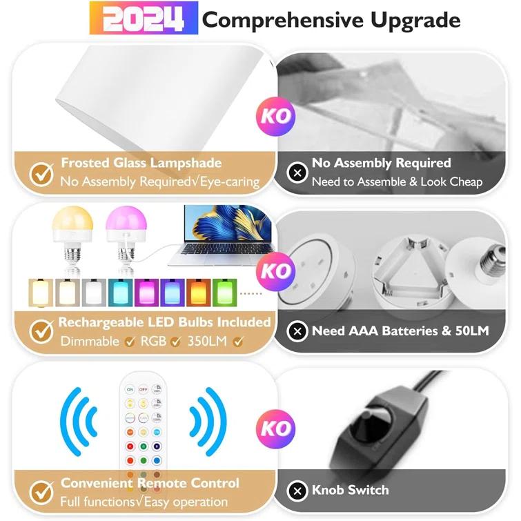 Latitude Run® Battery Operated Wall Sconce Set Of 2, Wireless Rechargeable Wall Lights, Glass Wall Lamps With Remotes And Dimmable RGB LED Bulbs, No Wiring Indoor Sconces Wall Decor For Bedroom Living Room Hallway